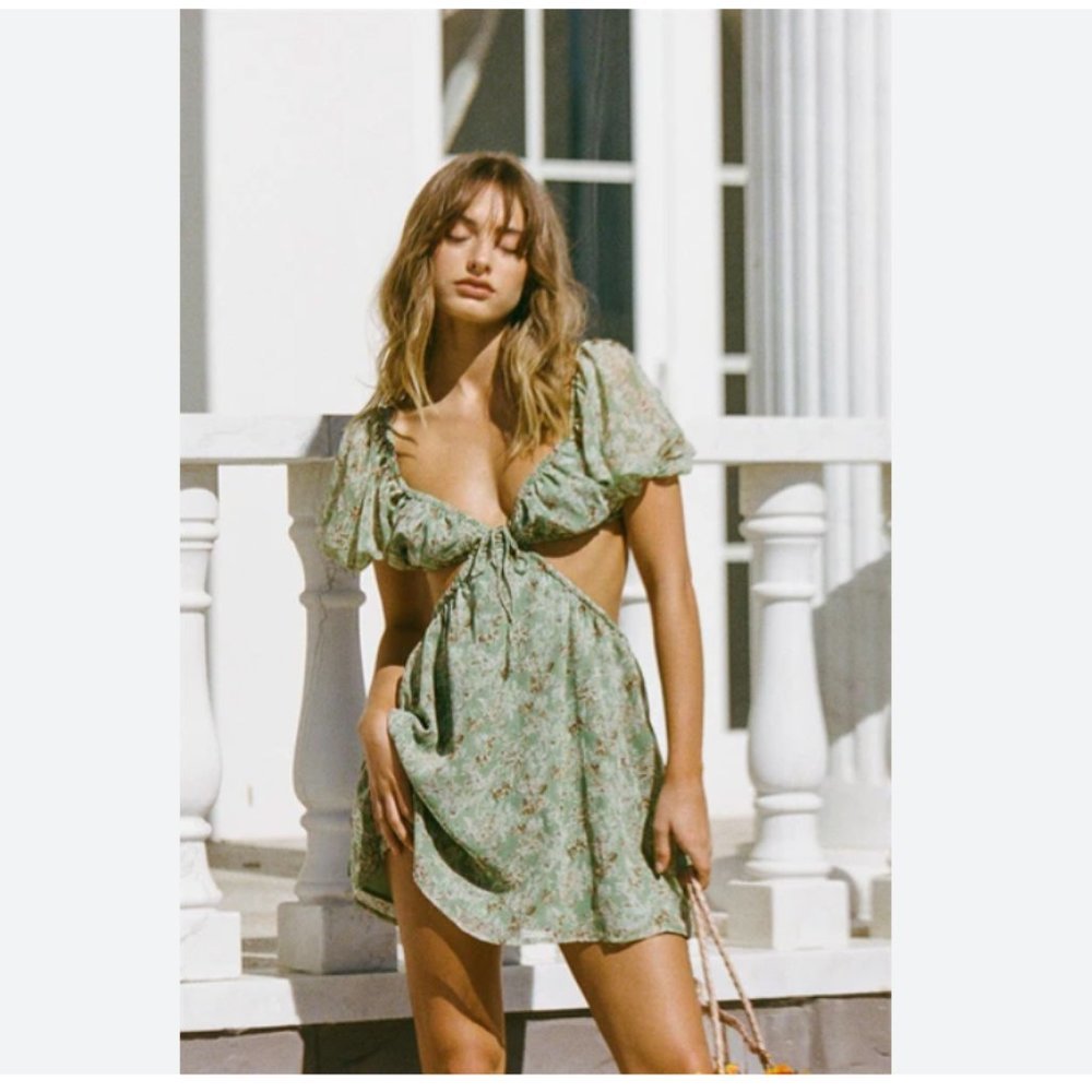 Floral Cutout Mini Dress in Sage Green